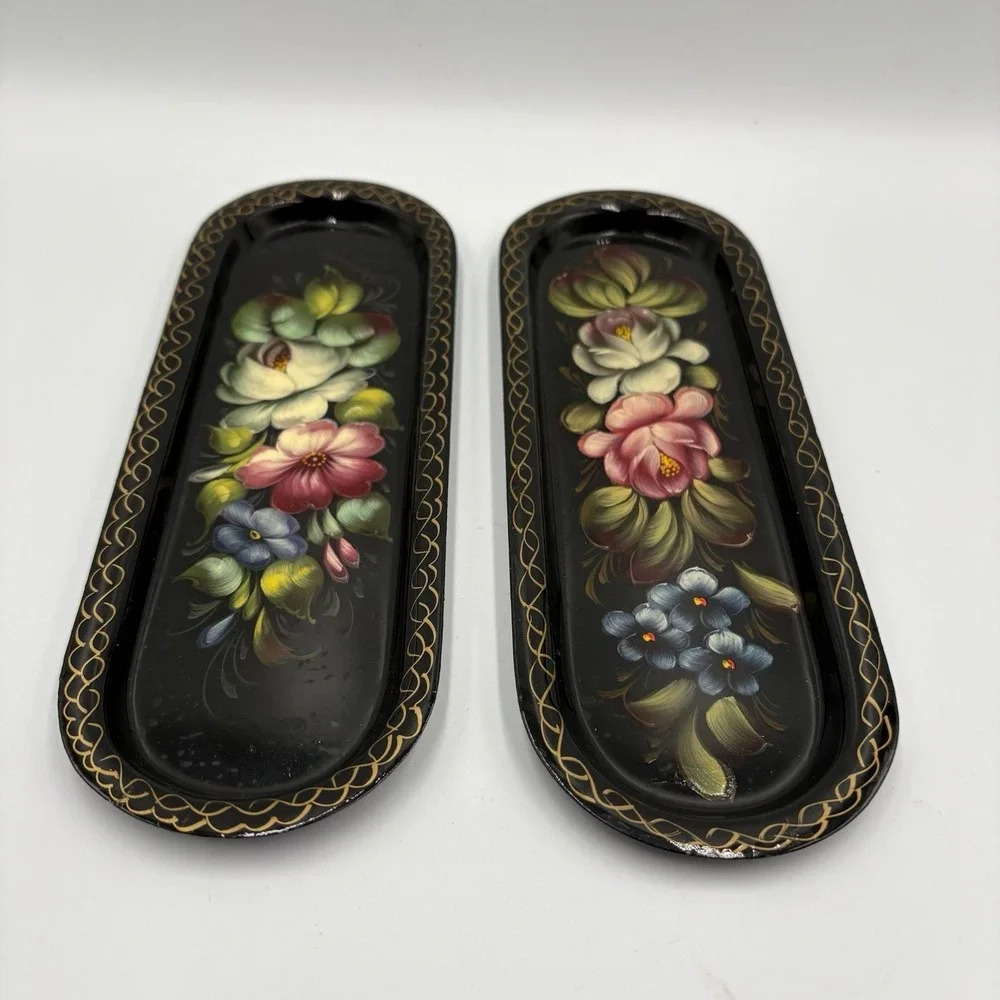 Two (2) Zhostovo Hand painted Russian Metal Decorative Trinket Tray Flowers